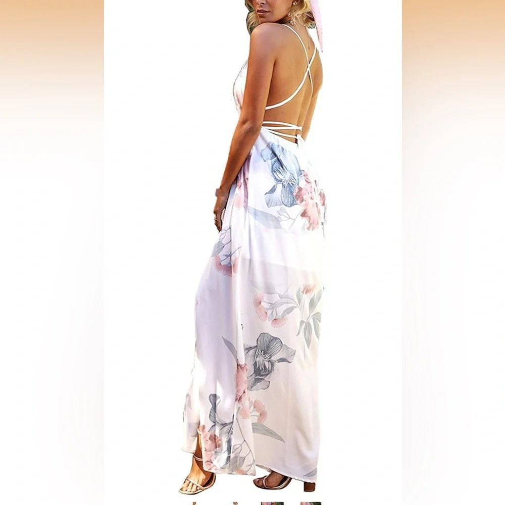 Floral Maxi Dress with an Open Back and Pink and White Design - Picture 2 of 4